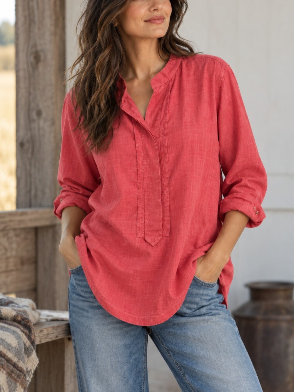 Pendleton Coral Pink Long Sleeve Pullover Tunic, Cotton Lyocell Blend, Size L